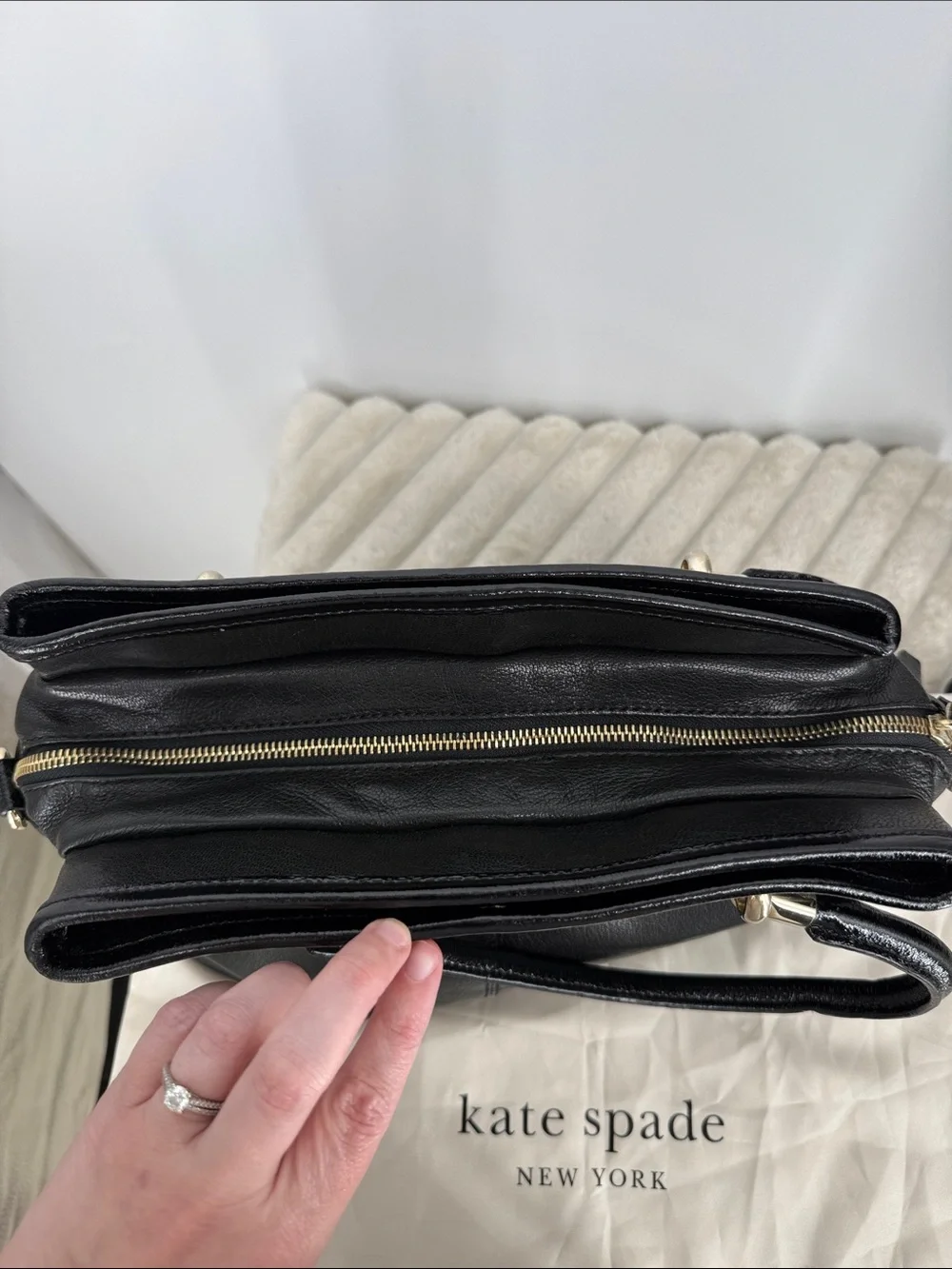 Kate Spade Black Leather Top-Handle Satchel Handbag with crossbody strap